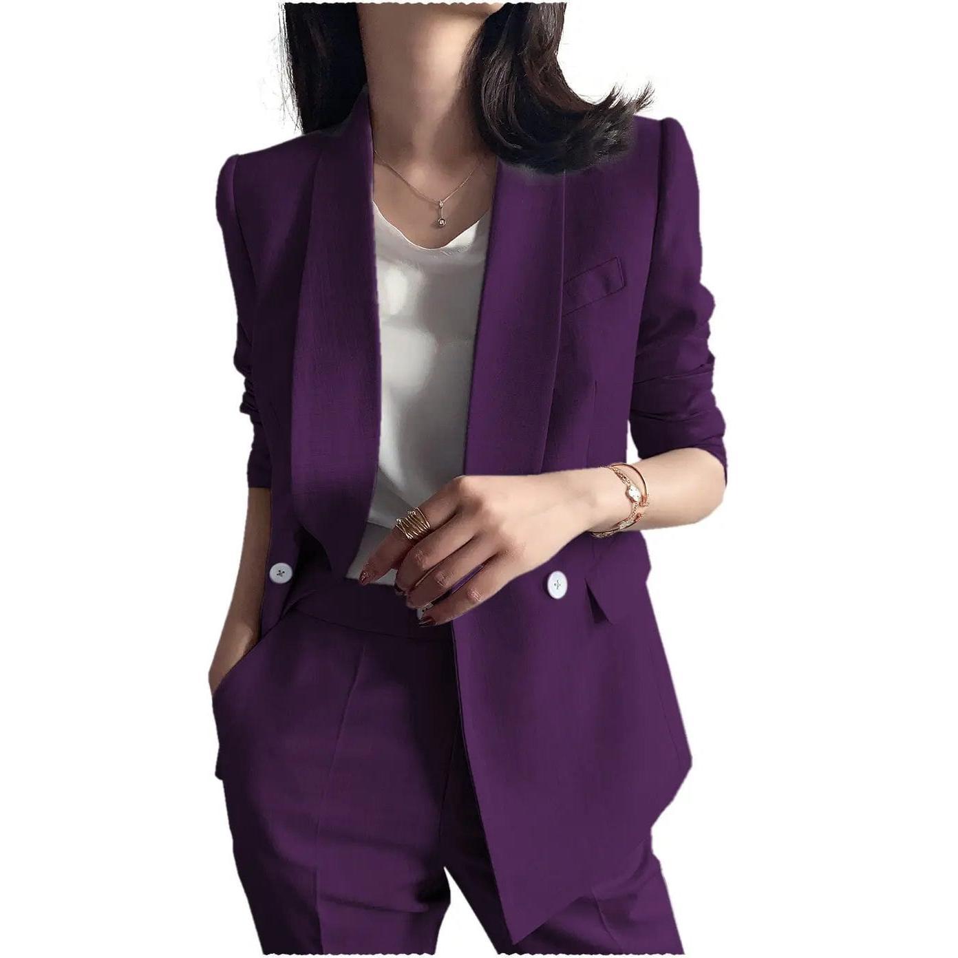 SoloveDress Women's Piece Solid Suit Shawl Lapel Double Breasted Pants Set Blazer+Pants - Dark Purple