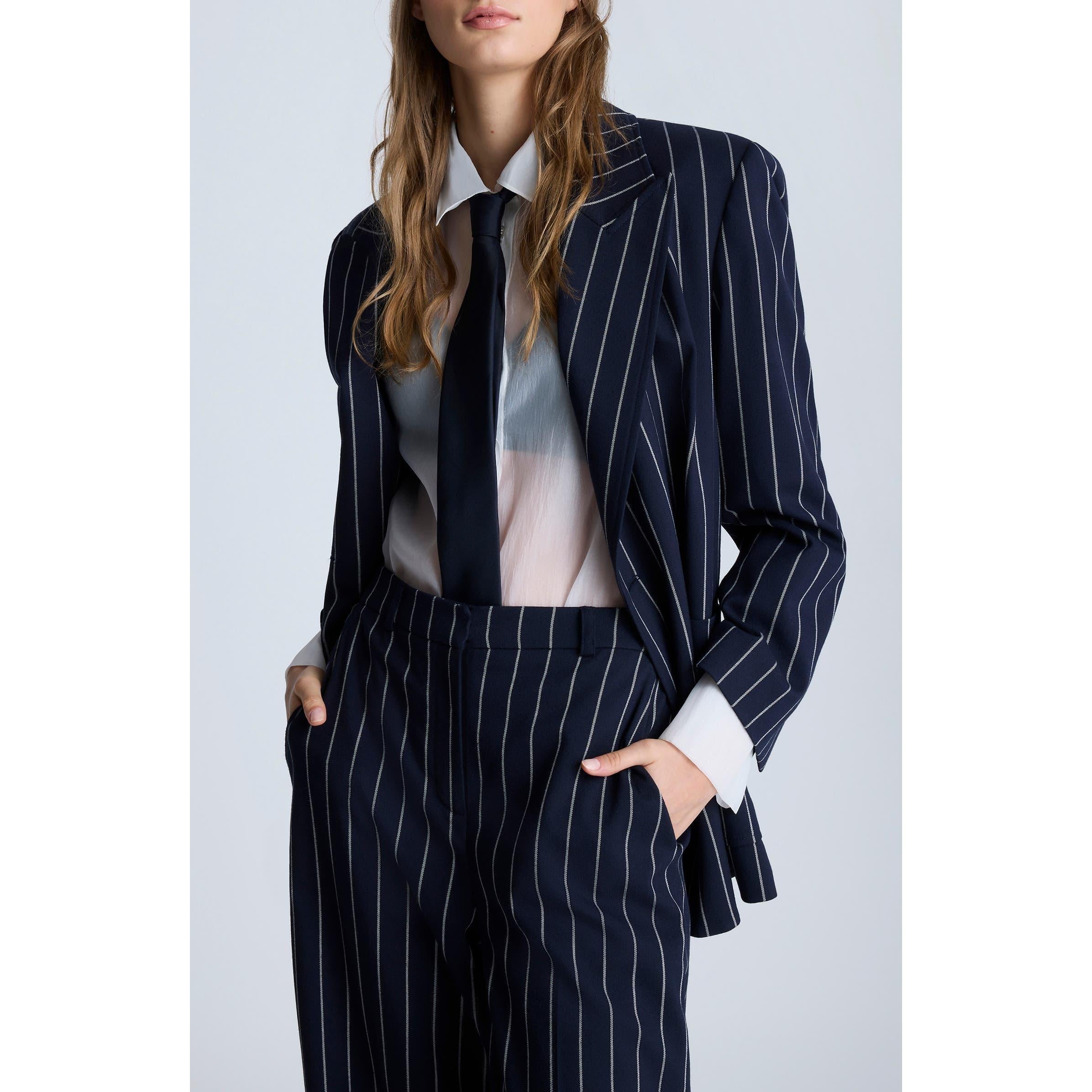 SoloveDress Women's Piece Navy Striped Suit Peak Lapel Double Breasted Pants Set Blazer+Pants - Navy