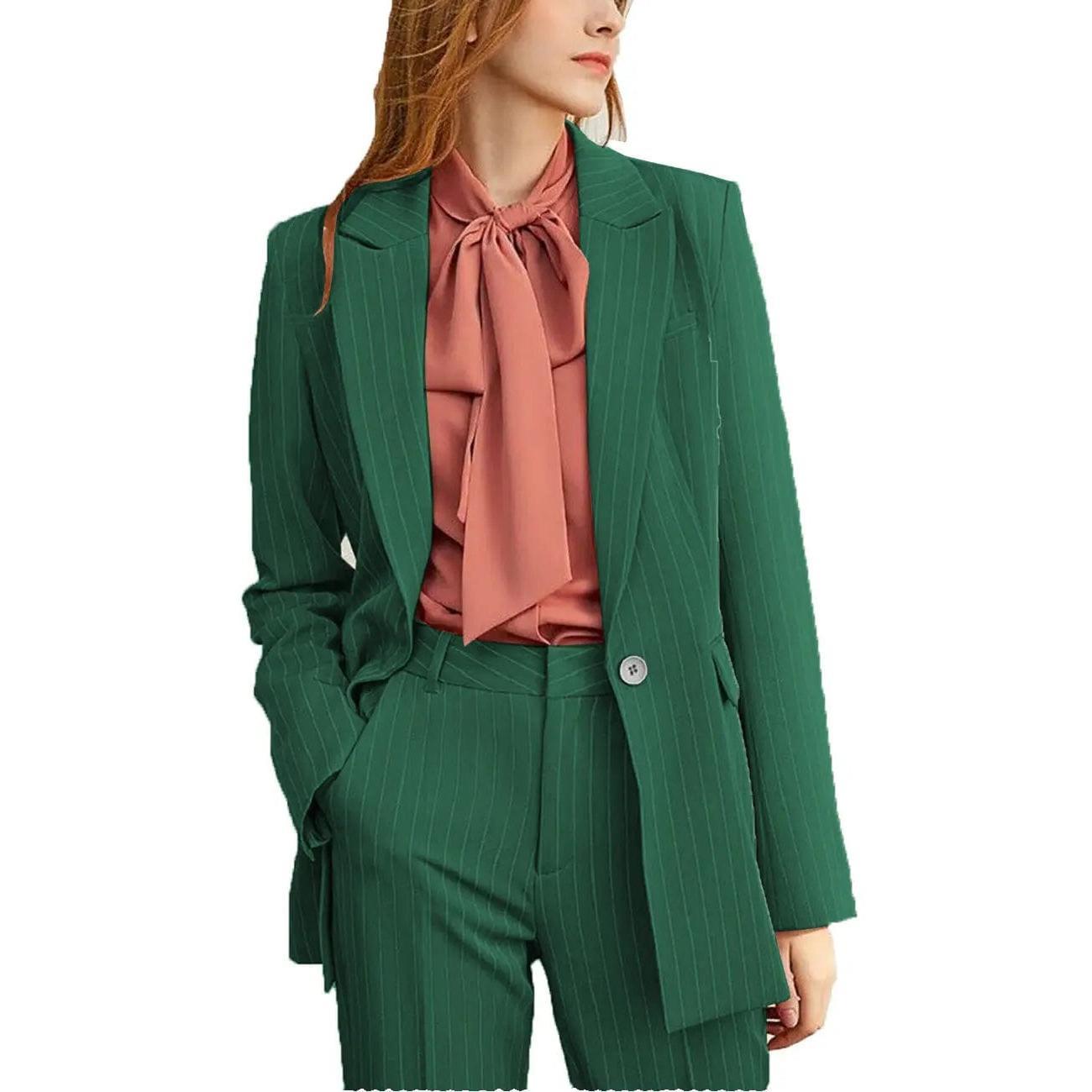 SoloveDress Women's Piece Striped Suit Peak Lapel Single Button Pants Set Blazer+Pants - Green