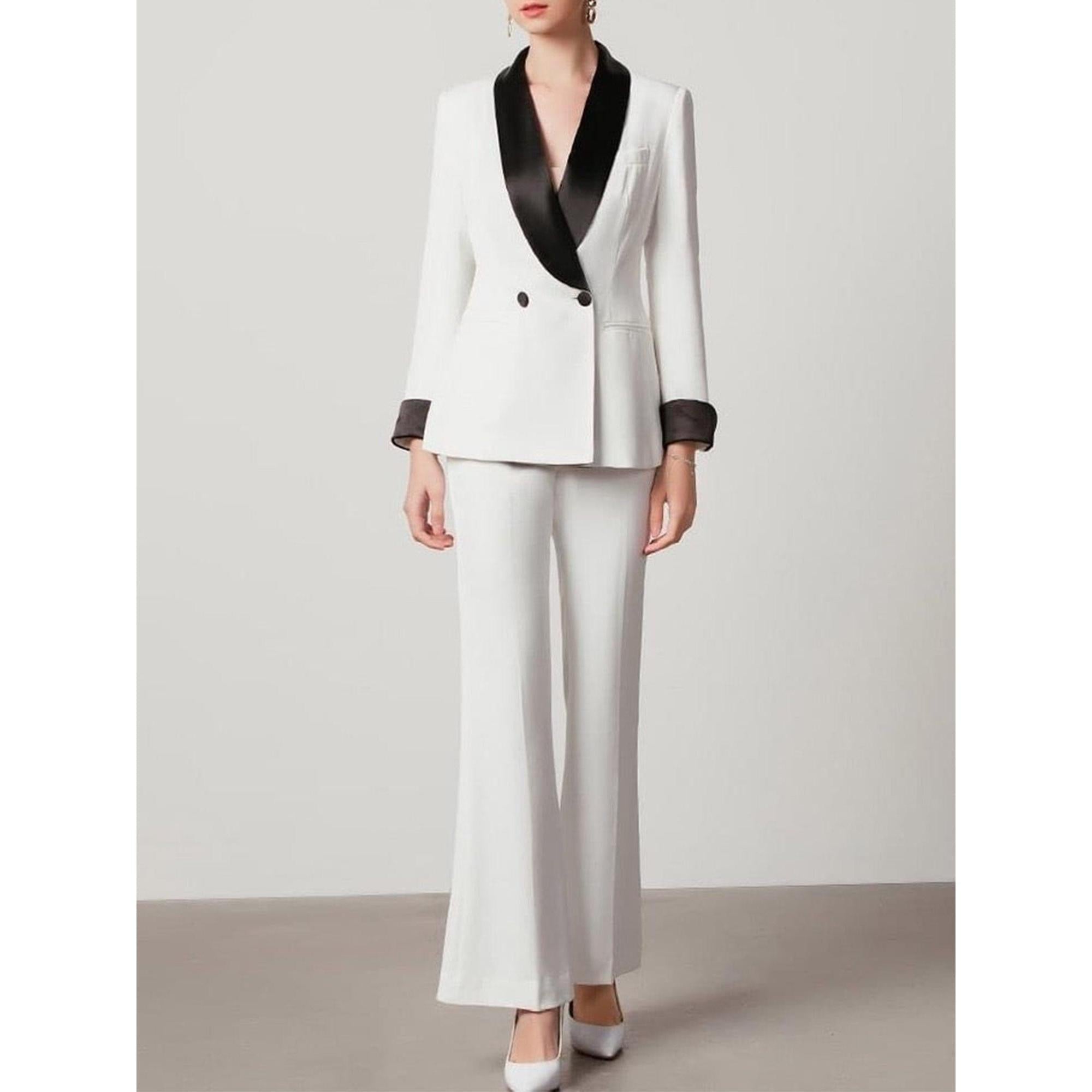 SoloveDress Women's Piece White Solid Satin Suit Shawl Lapel Single Button Pants Set Blazer+Pants - White