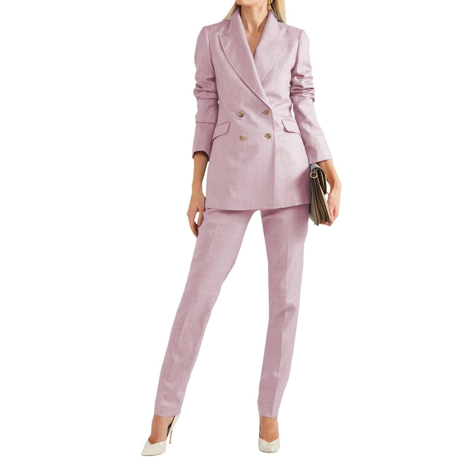 SoloveDress Women's Piece Solid Suit Peak Lapel Double Breasted Pants Set Blazer+Pants - Pink