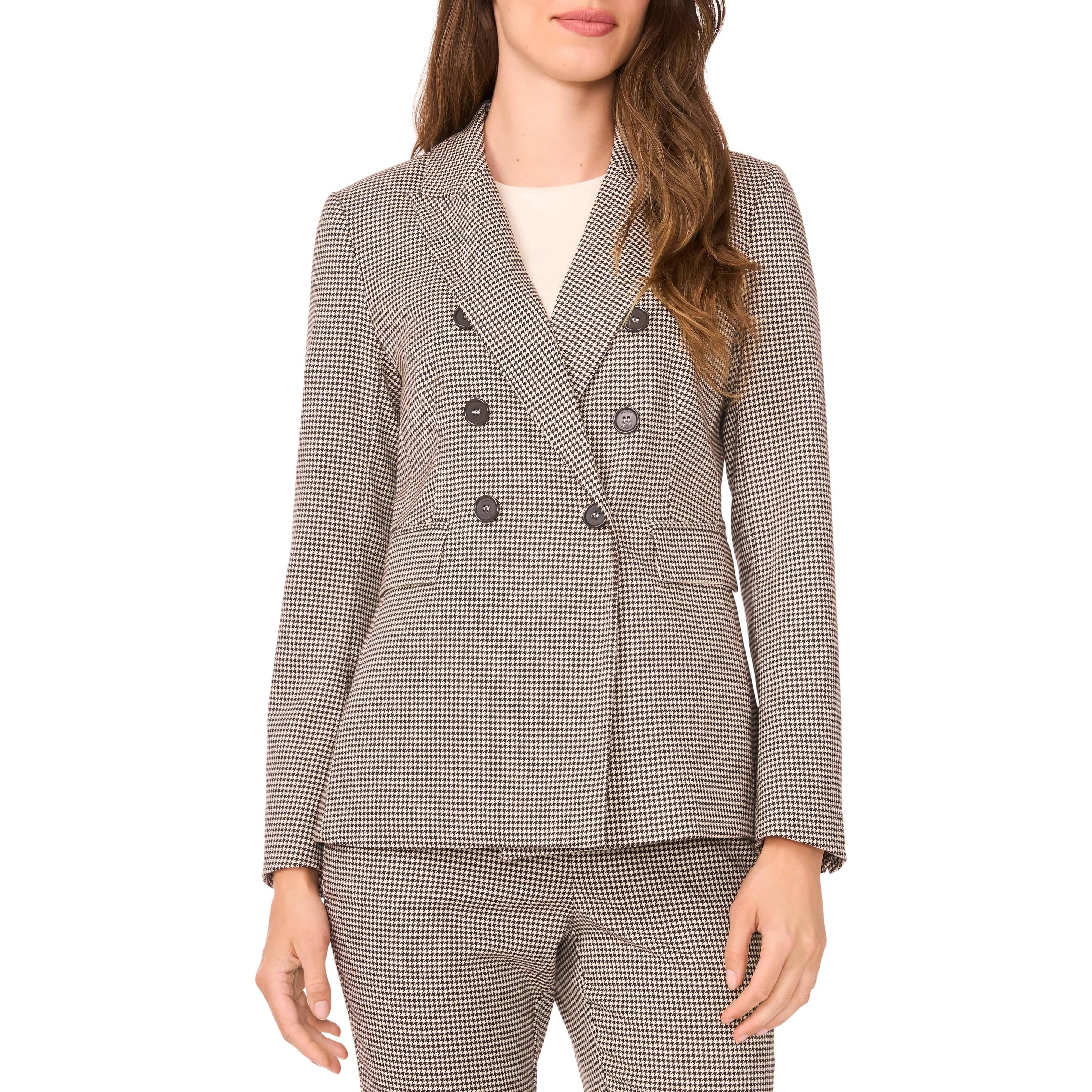 SoloveDress Women's Brown Classic Houndstooth Double-Breasted -Piece Suit - Blazer+Pants - Brown