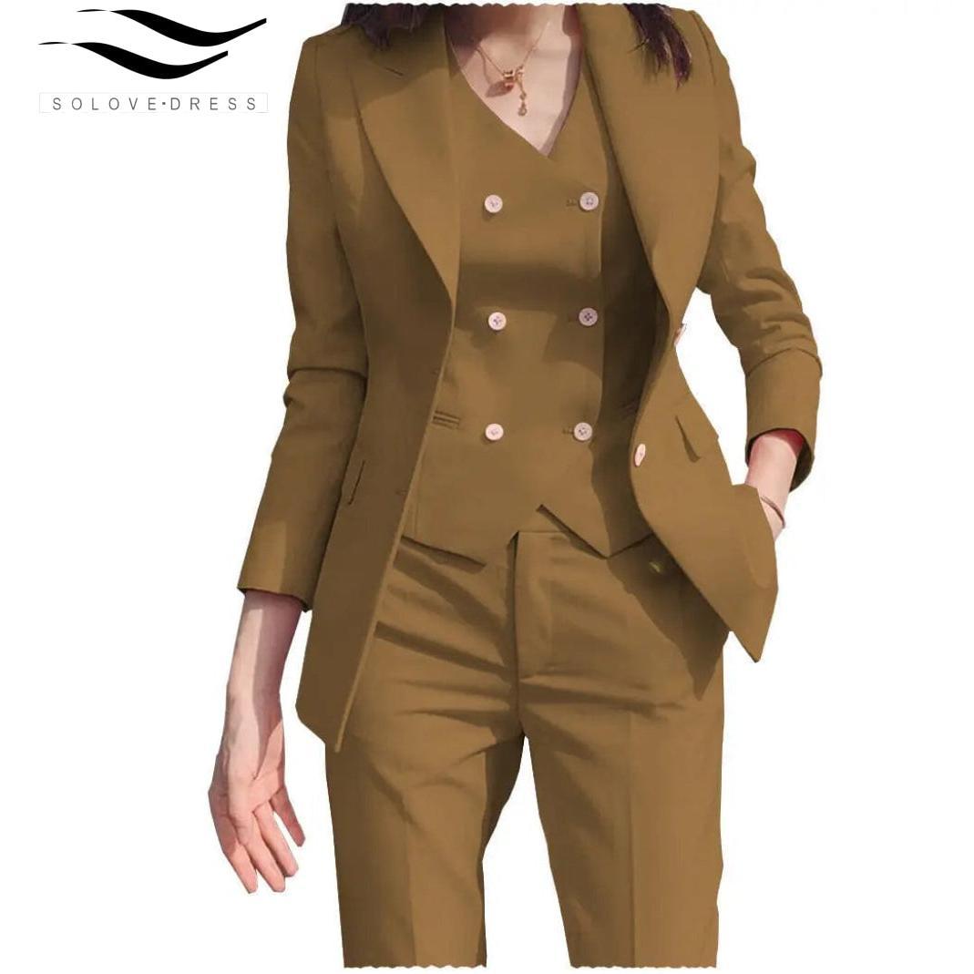 SoloveDress Women's Piece Solid Peak Lapel Suit Set Blazer+Vest+Pants - Brown