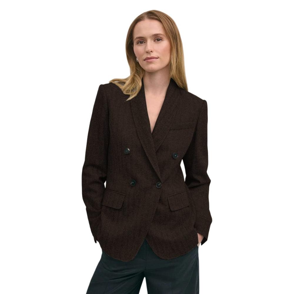 SoloveDress Women's Herringbone Double Button Shawl Lapel Tweed Blazer - Coffee