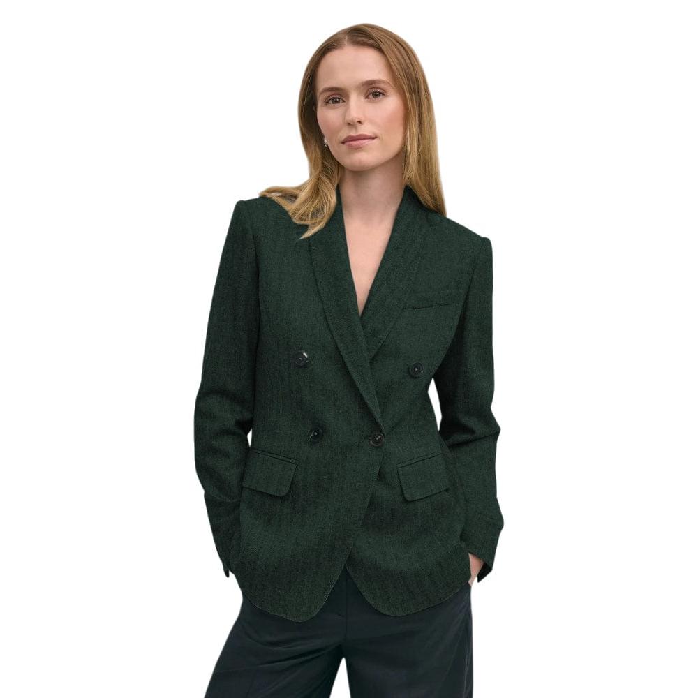 SoloveDress Women's Herringbone Double Button Shawl Lapel Tweed Blazer - Hunt Green