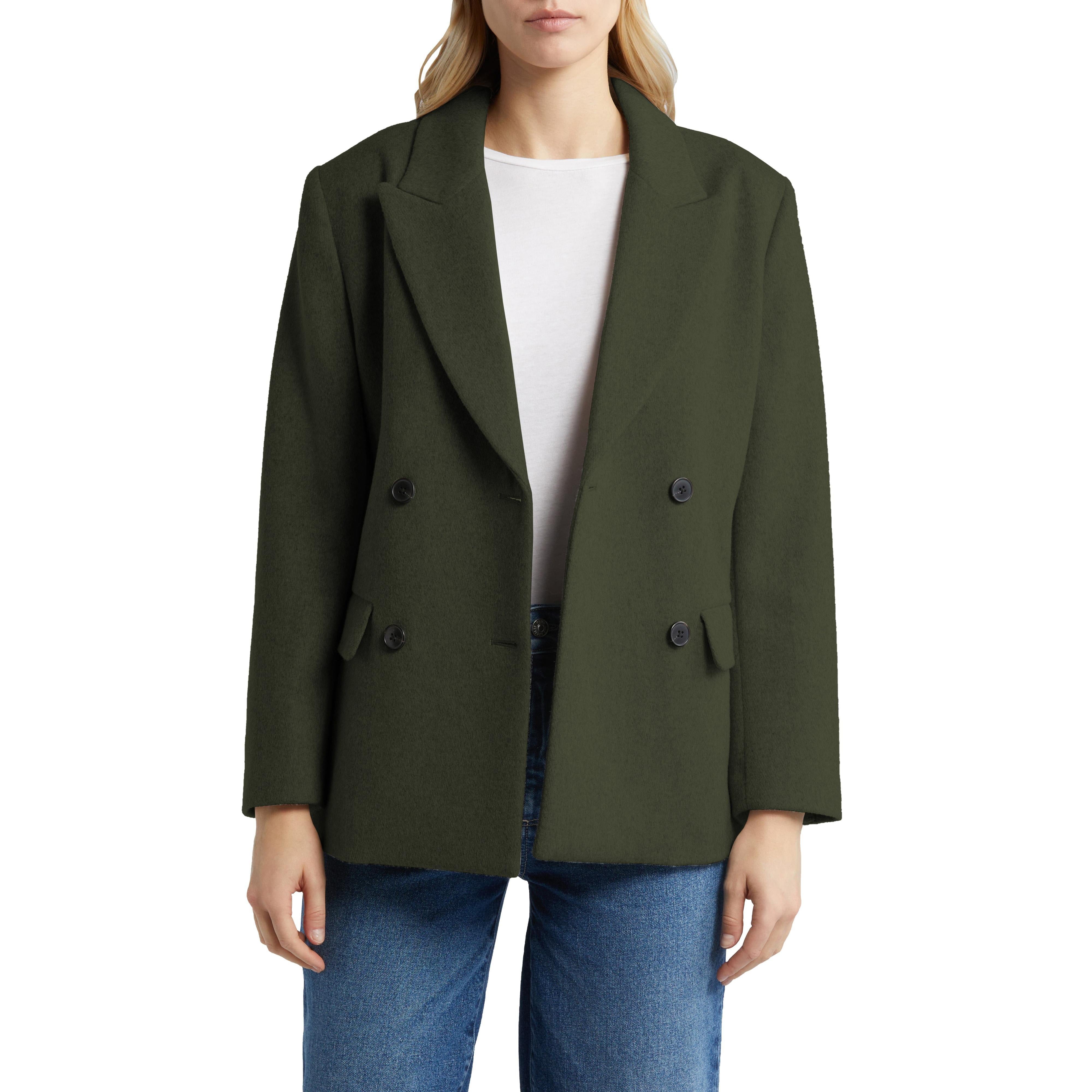 SoloveDress Women's Solid Double Breasted Notch Lapel Tweed Blazer - Army Green