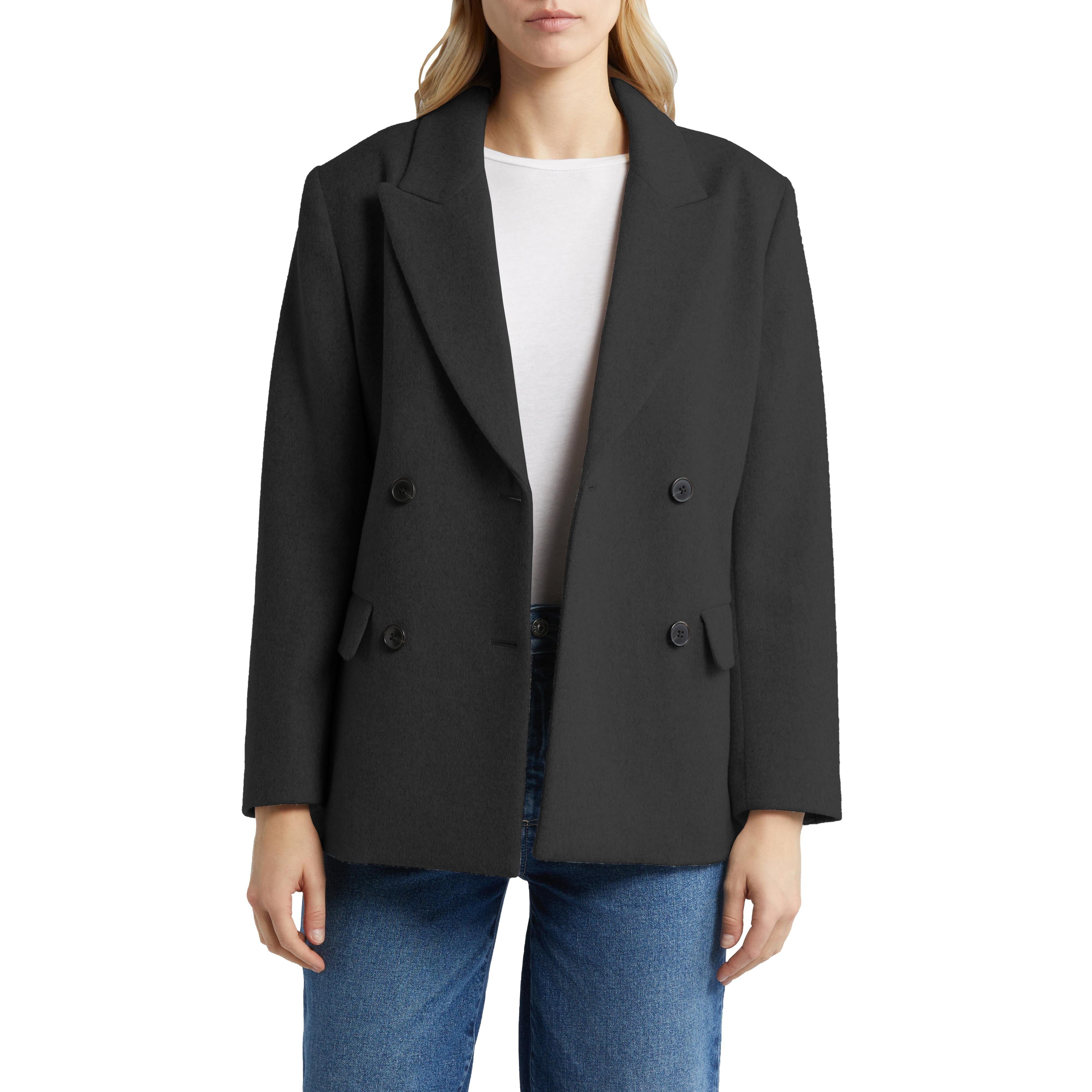 SoloveDress Women's Solid Double Breasted Notch Lapel Tweed Blazer - Black