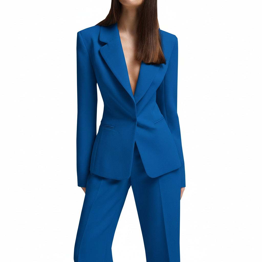 SoloveDress Women's Piece Solid Suit Notch Lapel Hidden Button Pants Set Blazer+Pants - Blue