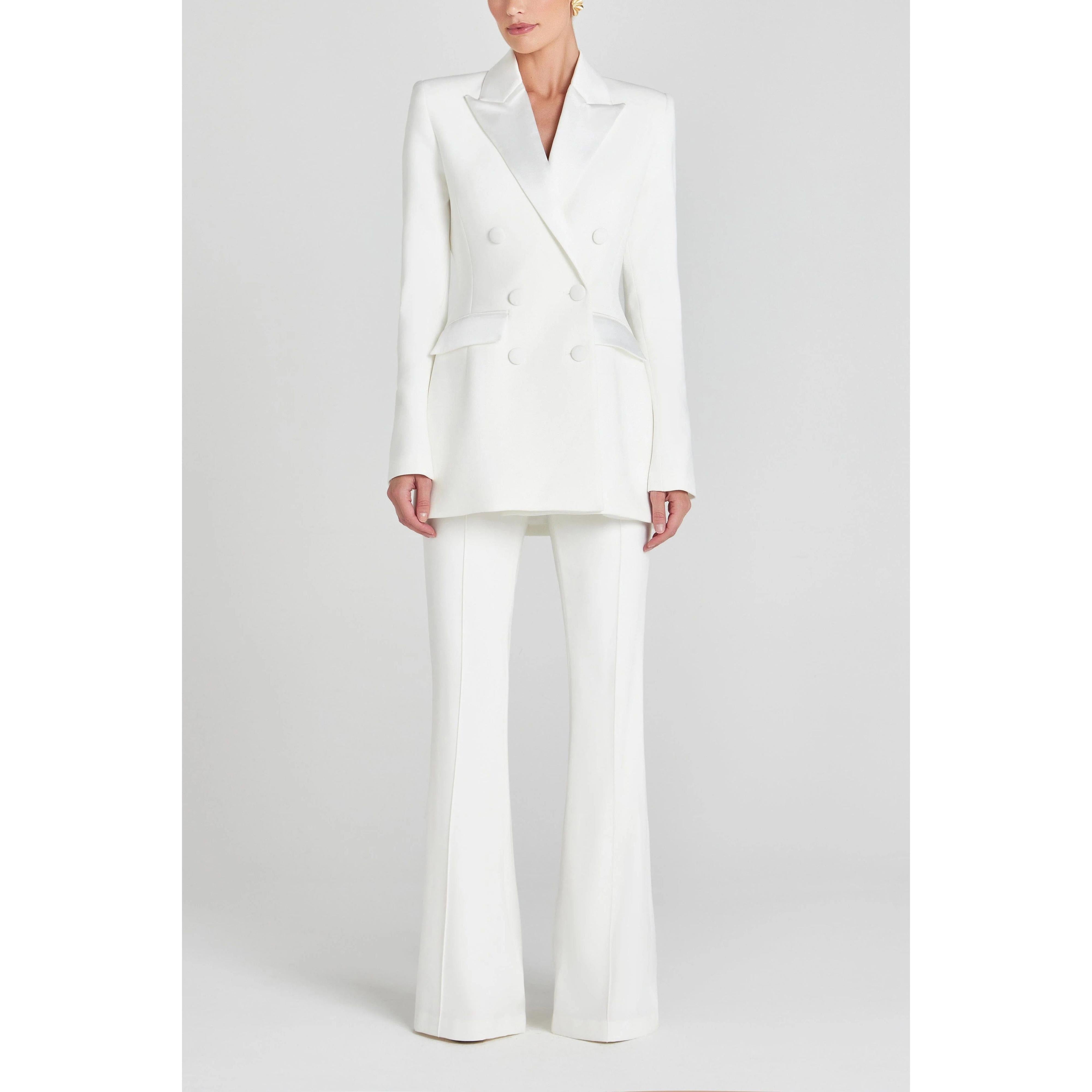 SoloveDress Women's Piece White Solid Satin Suit Notch Lapel Double Breasted Pants Set Blazer+Pants - White