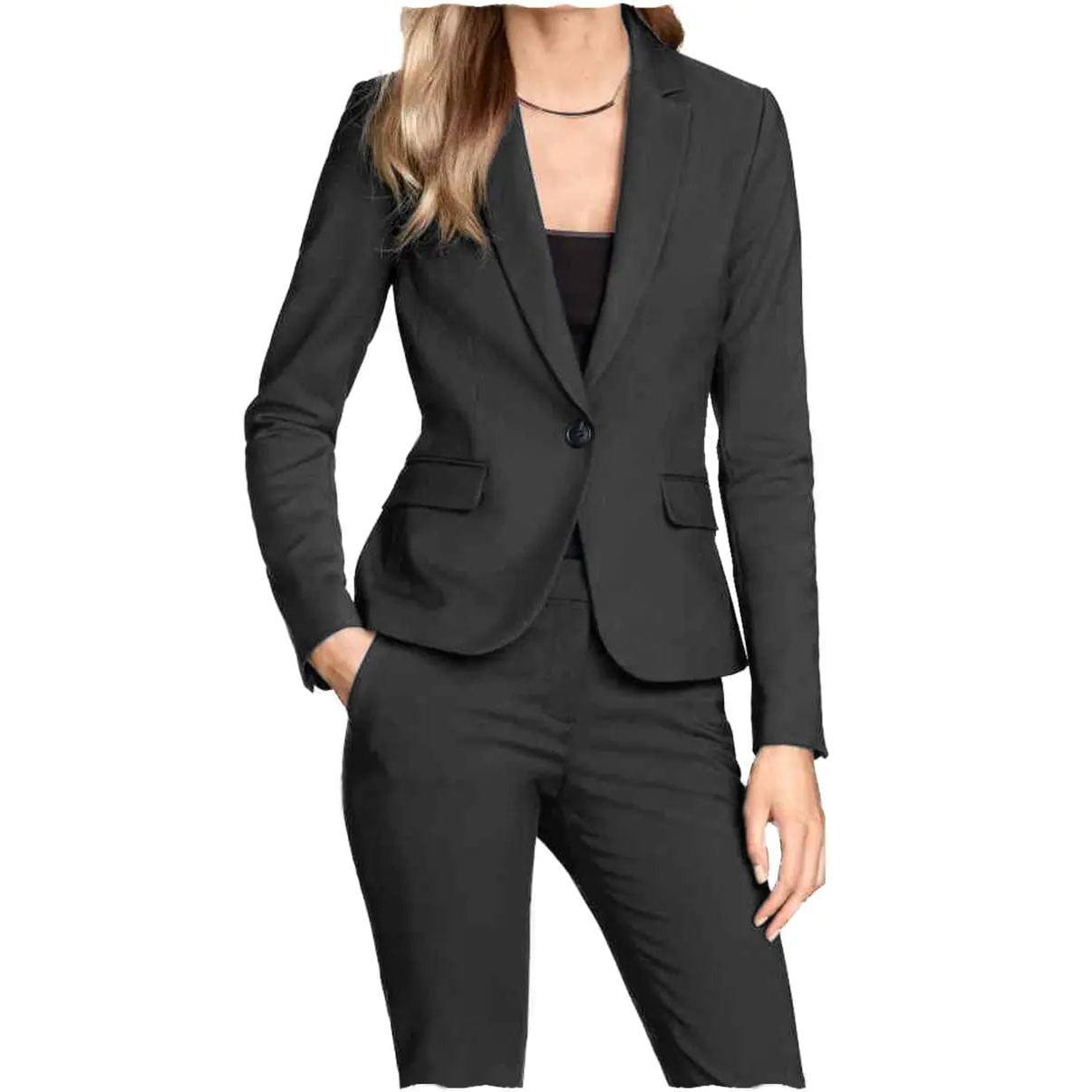 SoloveDress Women's Piece Solid Suit Notch Lapel Single Button Pants Set Blazer+Pants - Black