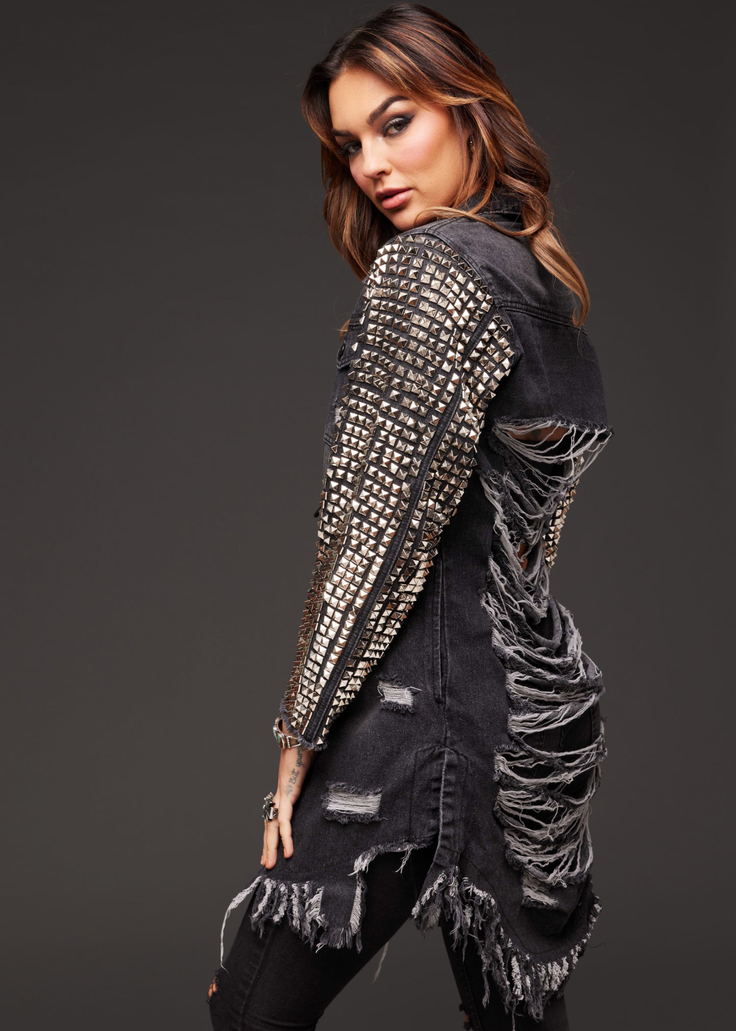 Ripped Denim Coat Jacket with Studs - M Black