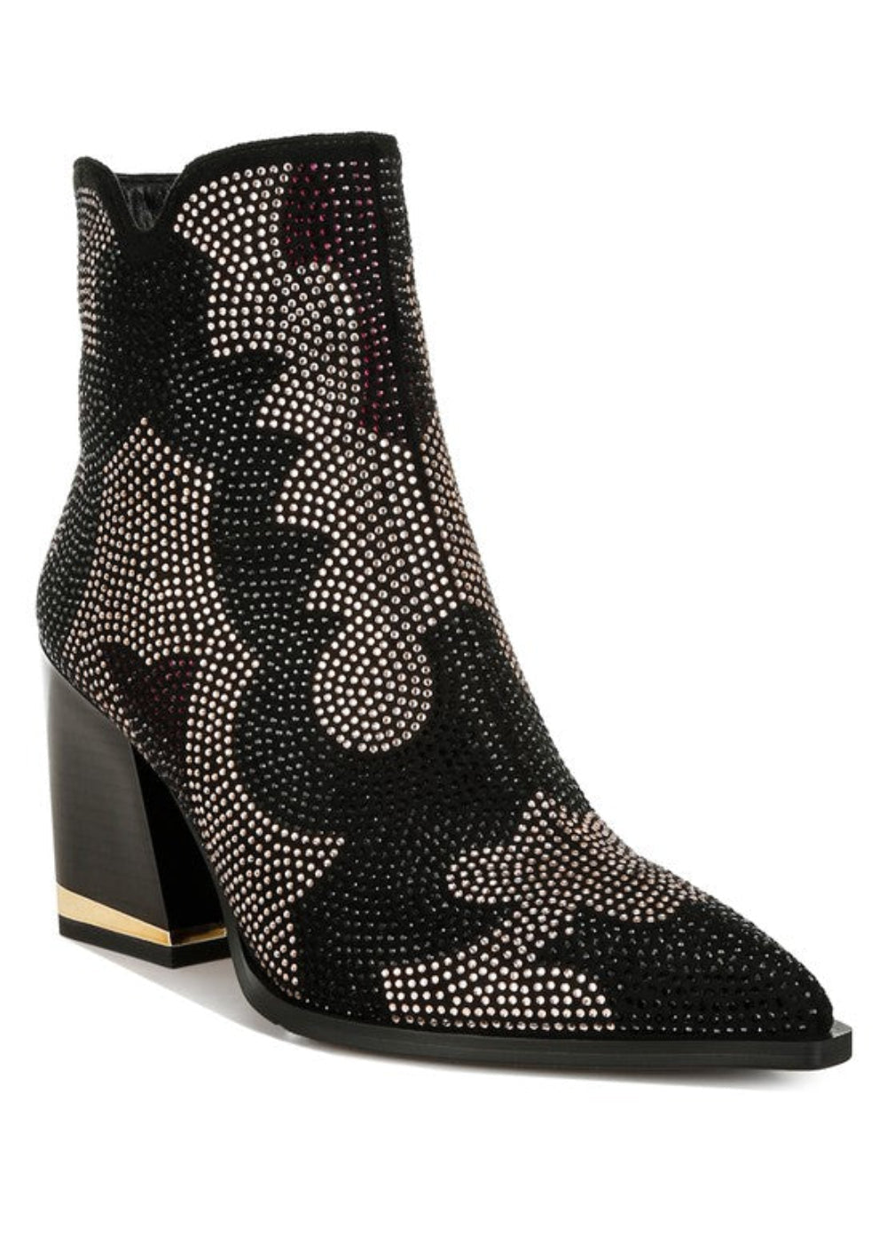 Rhinestone Cowgirl Block Heel Boots - Sparkle Ankle Booties - Black - - -