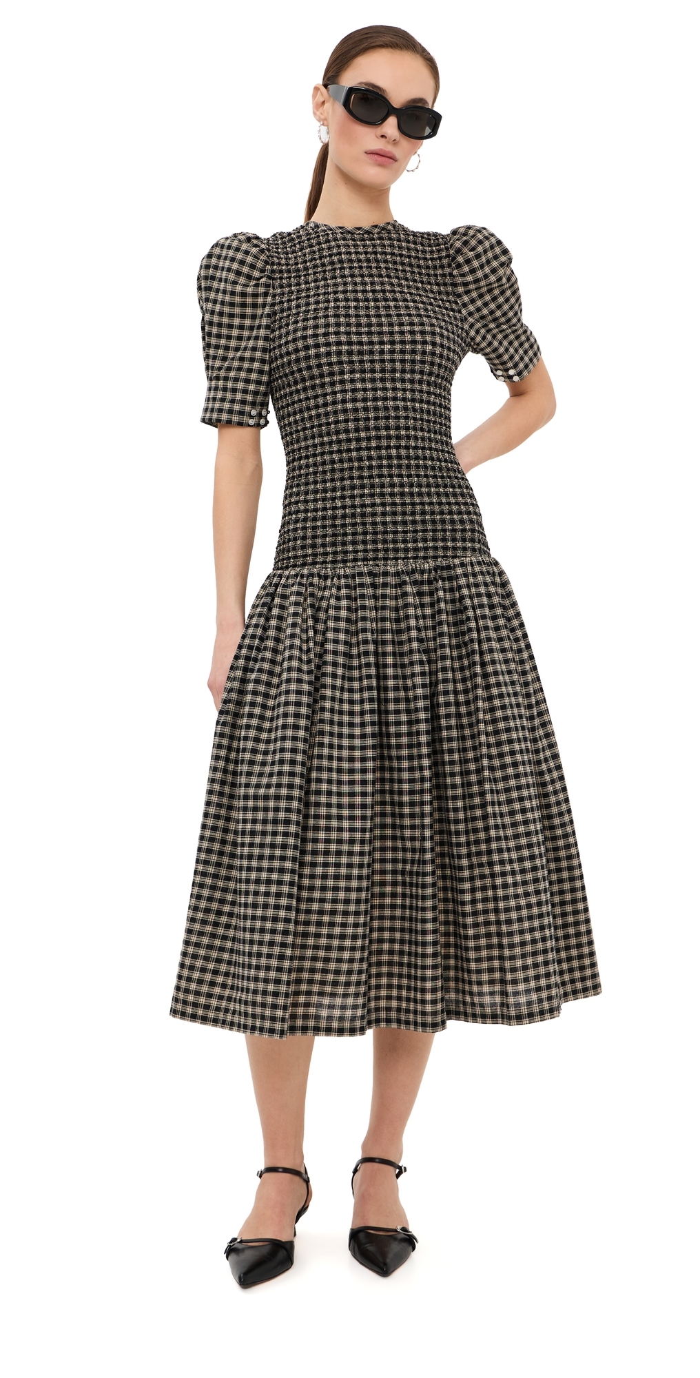 Tanner Fletcher Imelda Smocked Midi Dress Black Plaid
