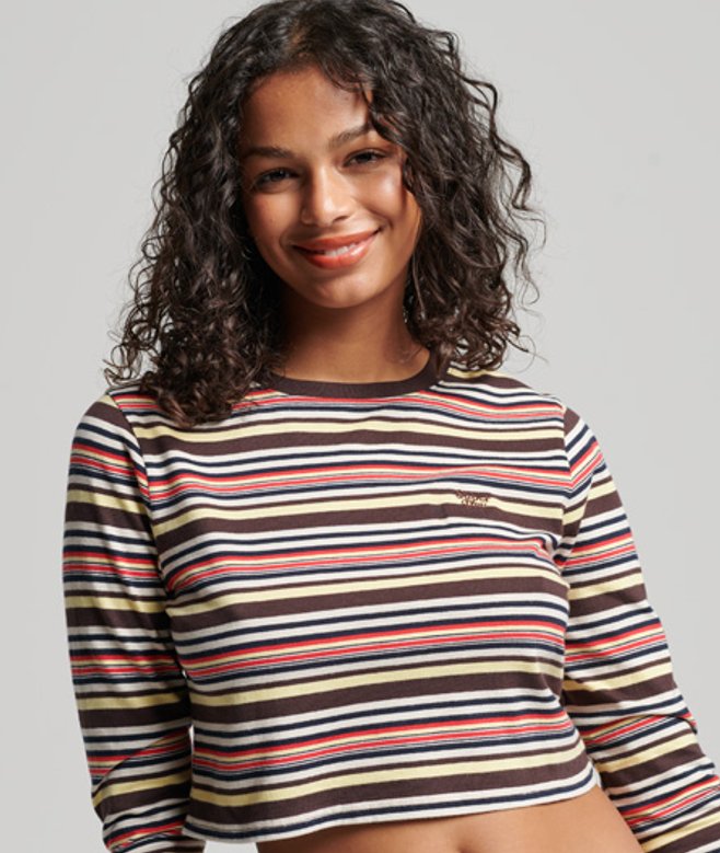 Superdry Women's Women's Organic Cotton Vintage Stripe Crop Long Sleeve Top Brown Tonal Brown Stripe