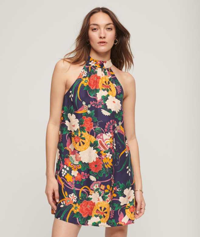 Superdry Women's Ladies Floral High Neck Sleeveless Mini Dress, Navy Blue, Orange and Yellow