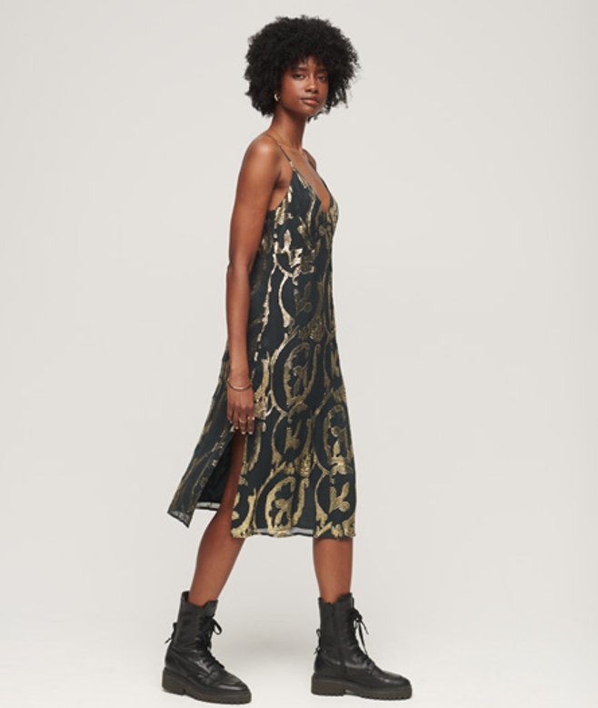 Superdry Women's Women's Metallic Midi Slip Dress Green Dark Green Metallic