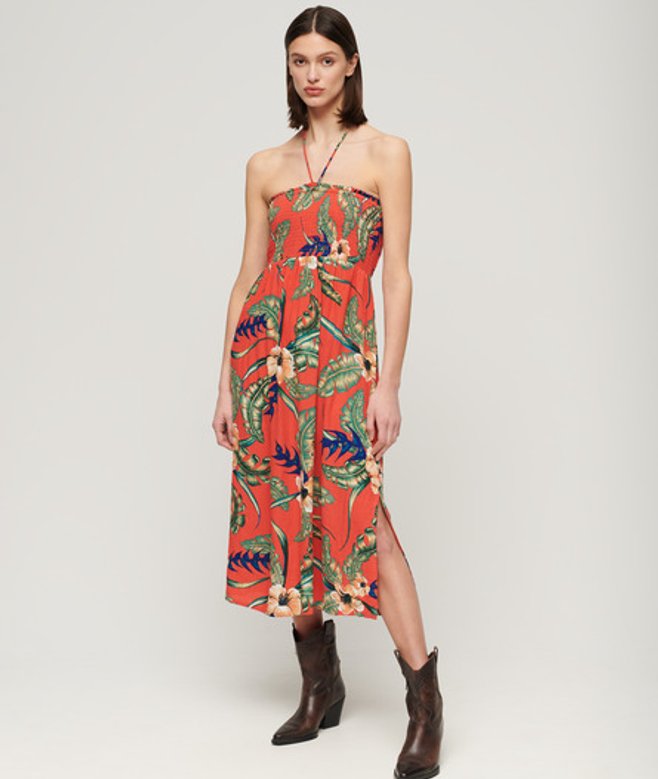 Superdry Women's Women's Smocked Midi Beach Dress Red Eden Hawaiian Red