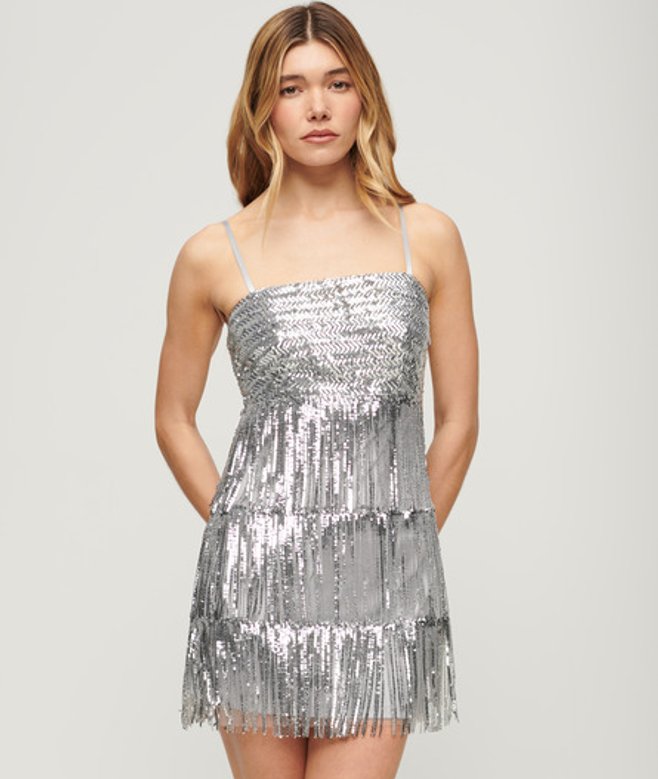 Superdry Women's Women's Fringe Cami Mini Dress Silver Silver Fringe Sequin
