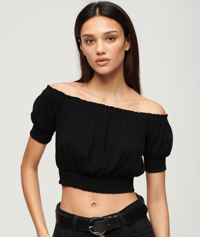 Superdry Women's Women's Smocked Short Sleeve Crop Top Black