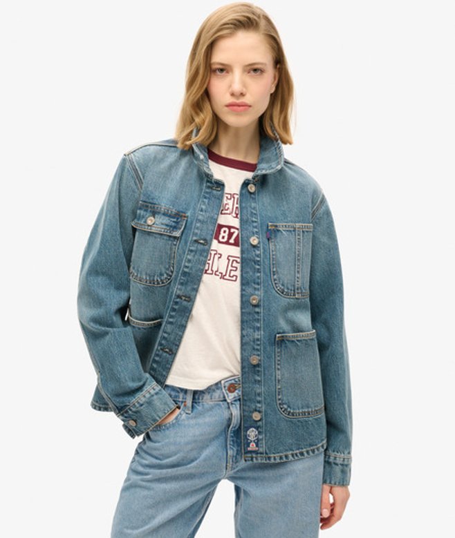 Superdry Women's Embroidered Denim Chore Jacket Dark Blue