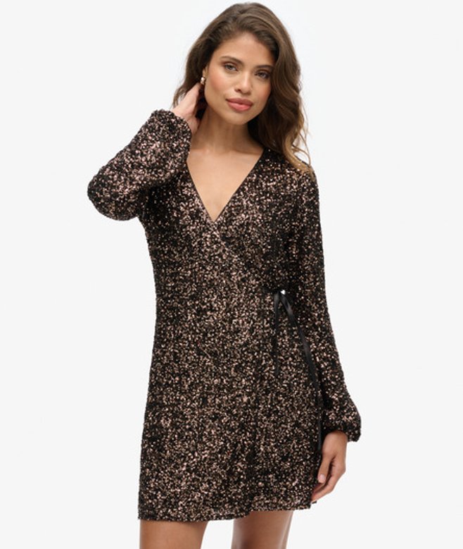 Superdry Women's Women's Sequin Wrap Mini Dress Brown Bronze Mega Sequin