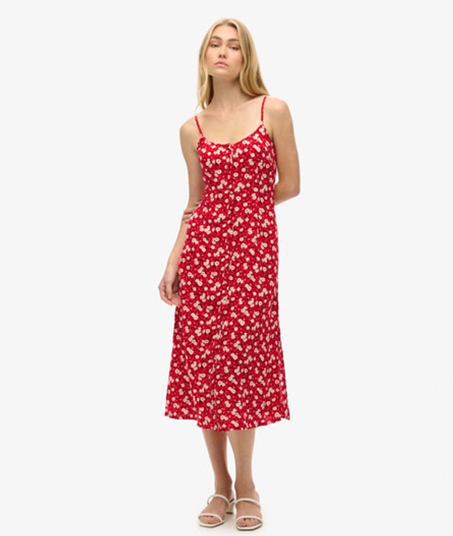 Superdry Women's Women's Printed Button-up Cami Midi Dress Red Rose Ditsy Print