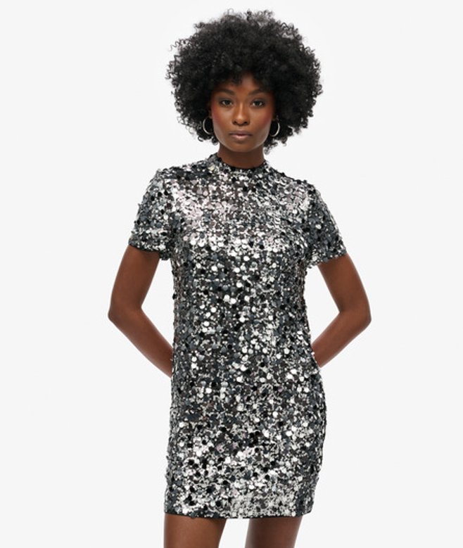 Superdry Women's Sequin shirt Mini Dress Silver