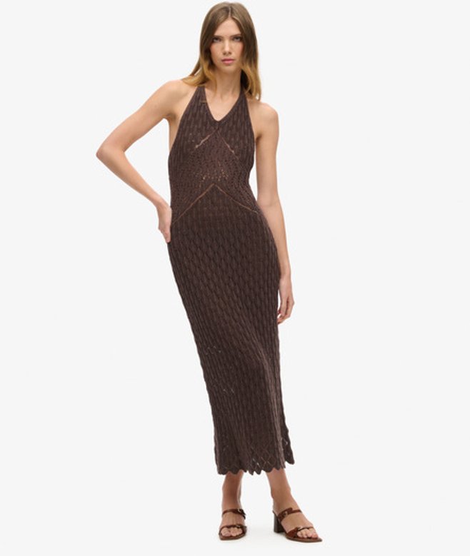 Superdry Women's Women's Crochet Halter Maxi Dress Brown Dark Oak Brown