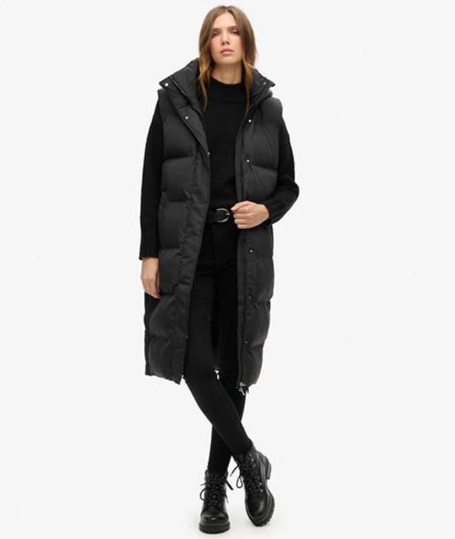 Superdry Women's Women's Women's Classic Logo Badge Longline Hooded Puffer Gilet, Black