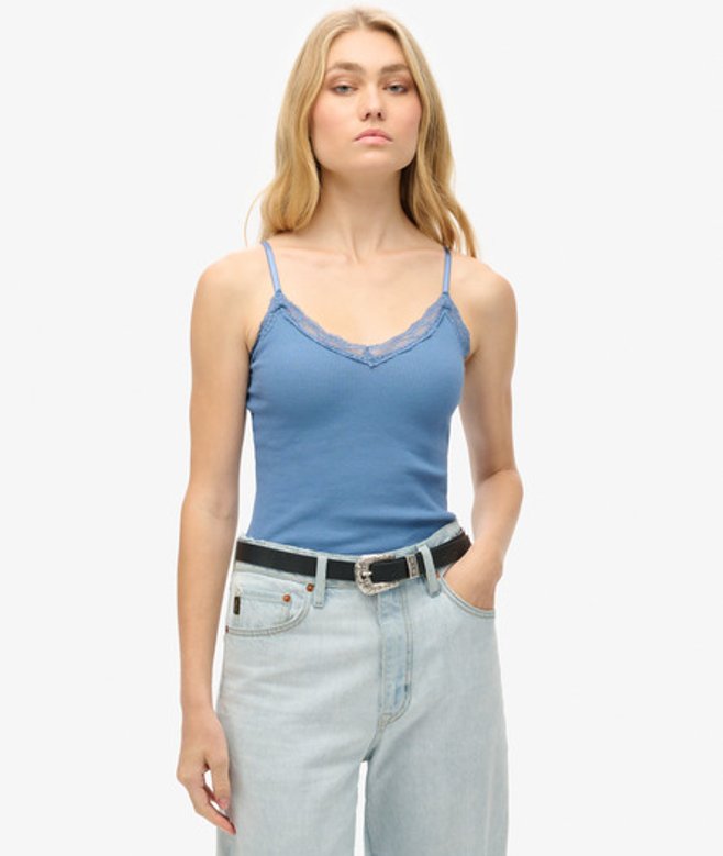 Superdry Women's Women's Athletic Essential Lace Trim Cami Top Blue Wedgewood Blue