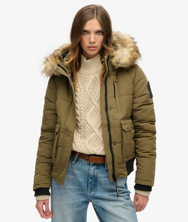 Superdry Women's Women's Hooded Everest Puffer Bomber Jacket Green Military Olive