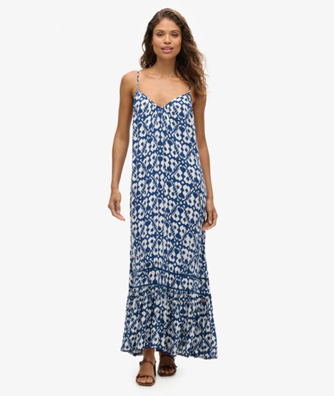 Superdry Women's Women's Ladies Embroidered Long Beach Cami Dress, Blue and White