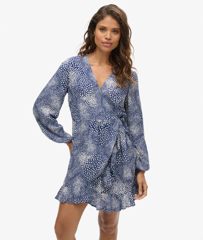 Superdry Women's Printed Long Sleeve Wrap Mini Dress Navy