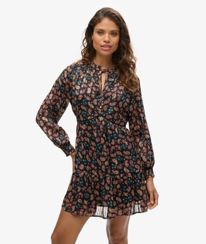 Superdry Women's Women's Printed Long Sleeve Metallic Mini Dress Black Paisley Scarf Black
