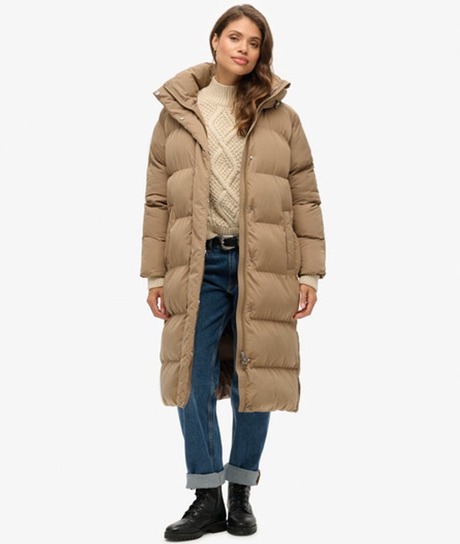 Superdry Women's Longline Hooded Puffer Coat Brown