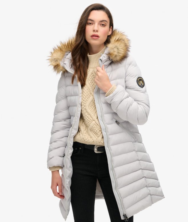 Superdry Women's Fuji Faux Fur Hood Mid Length Puffer Coat Light Grey