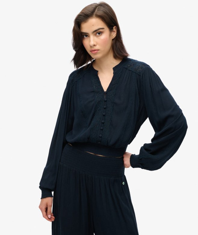 Superdry Women's Women's Women's Classic Long Sleeve Lace Trim Smocked Blouse, Navy Blue