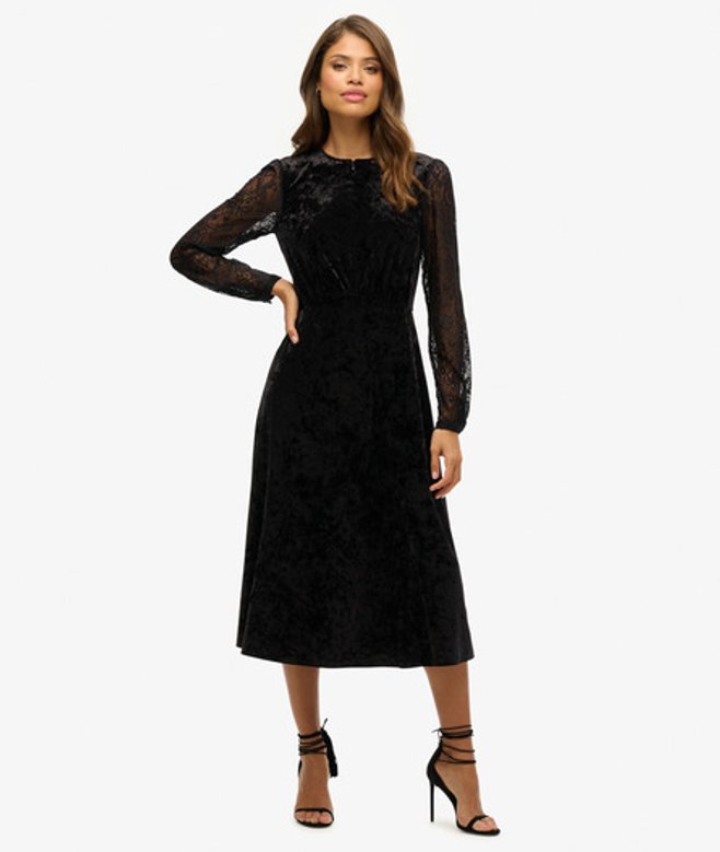 Superdry Women's Lace Sleeve Velvet Midi Dress Black