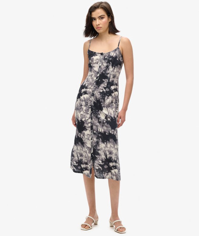 Superdry Women's Women's Printed Button-up Cami Midi Dress Grey Grunge Tie Dye Print