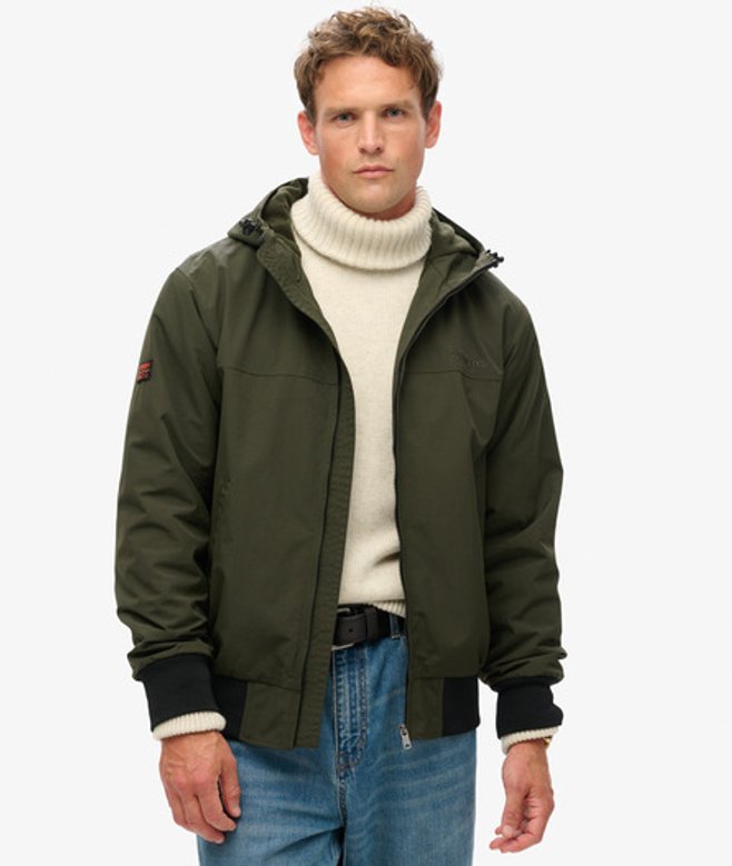 Superdry Mens Classic Embroidered Logo Surplus Nylon Hooded Bomber Jacket, Green
