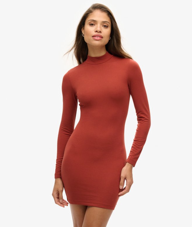 Superdry Women's Women's High Neck Long Sleeve Jersey Mini Dress Red Clay Red
