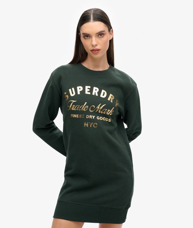 Superdry Women's Women's Luxe Metallic Logo Jersey Dress Green Academy Dark Green