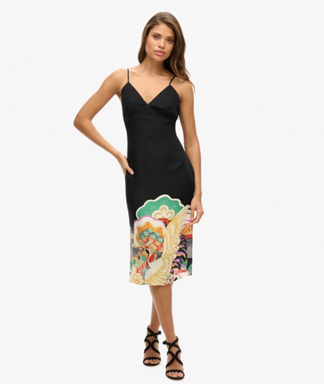 Superdry Women's Women's Printed Midi Slip Cami Dress Black Black Funetotsuru