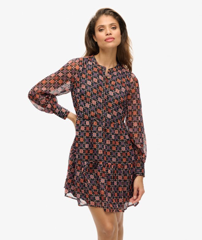 Superdry Women's Women's Long Sleeve Tiered Mini Dress Pink Geo Floral Print