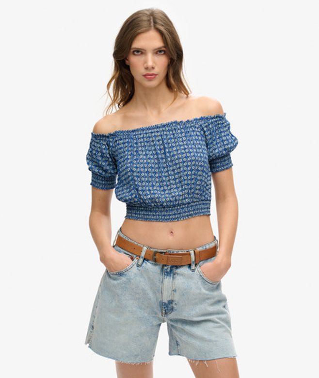 Superdry Women's Women's Smocked Short Sleeve Crop Top Blue Mini Geo Blue