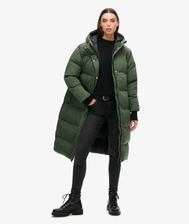 Superdry Women's Women's Hooded Longline Puffer Coat Green Thyme