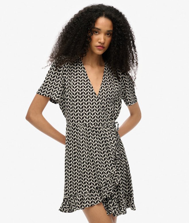 Superdry Women's Short Sleeve Printed Mini Wrap Dress Black