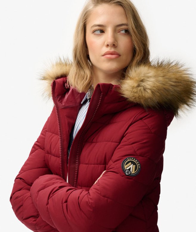 Superdry Women's Fuji Faux Fur Hooded Mid Length Coat Red