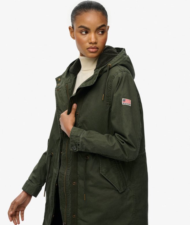 Superdry Women's Military Borg Fishtail Parka Coat Khaki