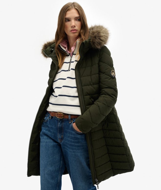 Superdry Women's Fuji Faux Fur Hooded Mid Length Coat Green